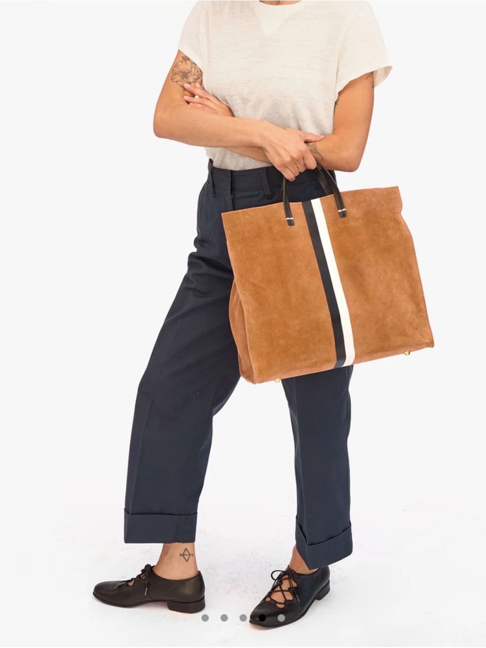 Clare V Tan Suede Tote with Black and Cream Stripe - Picture 2 of 10
